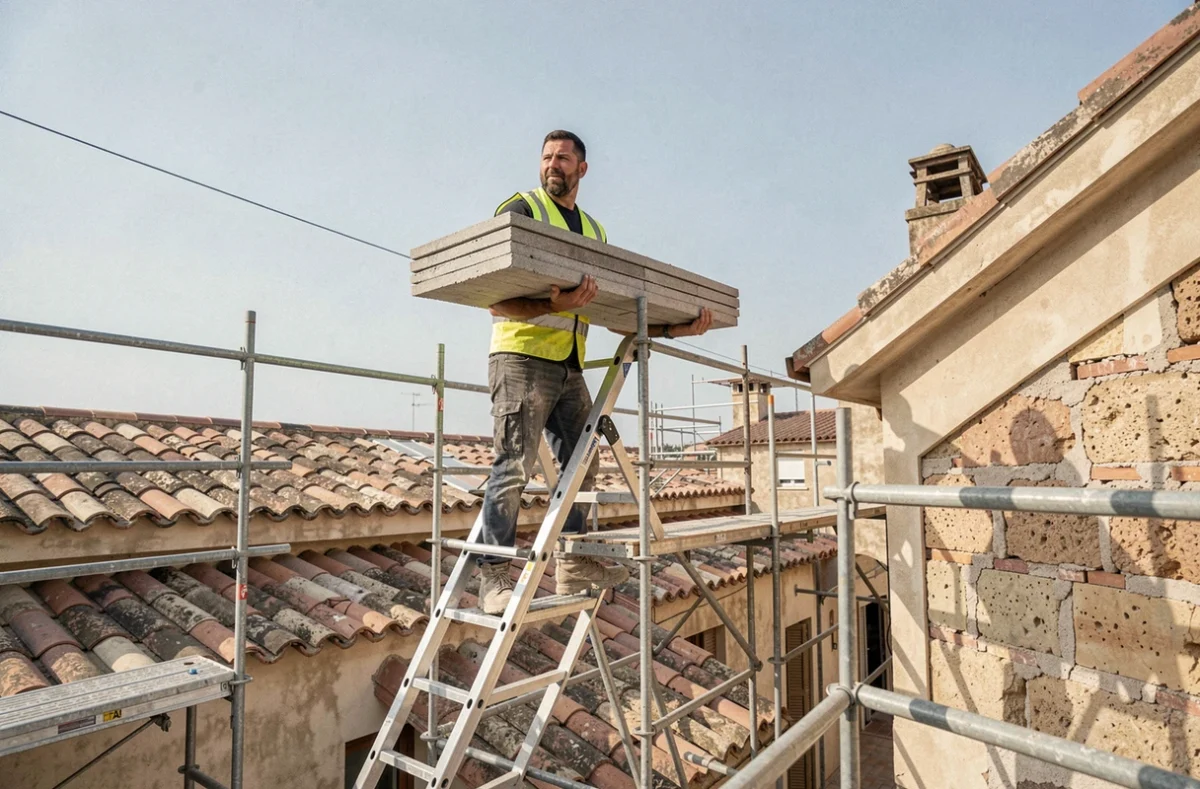 Ouvrier couvreur portant des tuiles en béton sur un chantier de gros oeuvre à Montpellier