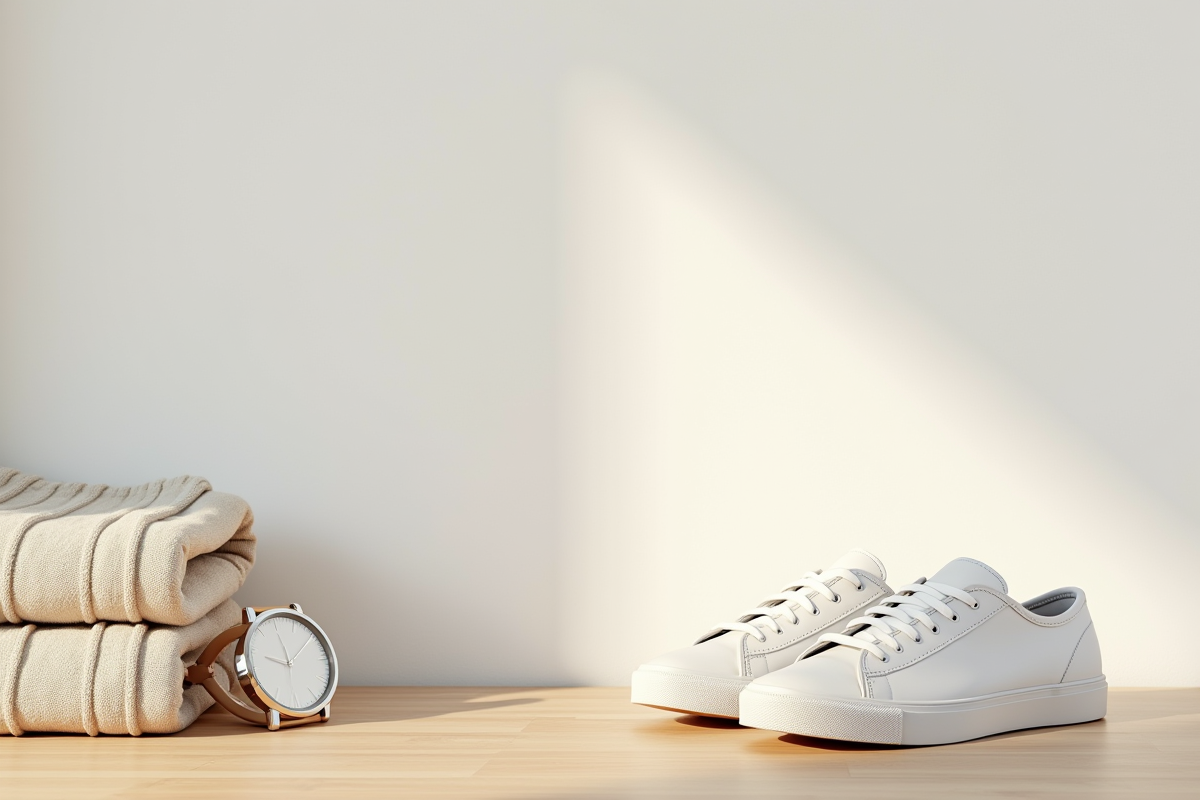 Accessoires de mode minimalistes sur une table en bois clair
