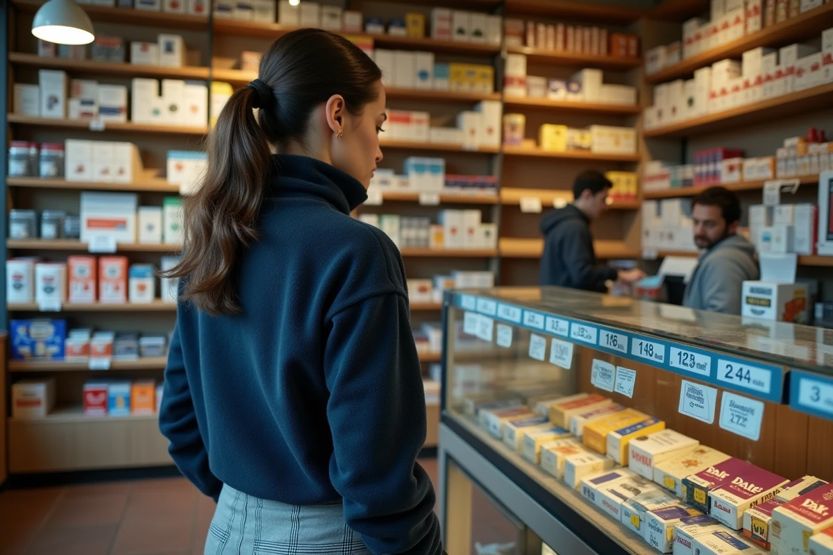 Femme examinant des cartouches de cigarettes dans un bureau de tabac belge, représentant l'achat transfrontalier de tabac entre la Belgique et la France