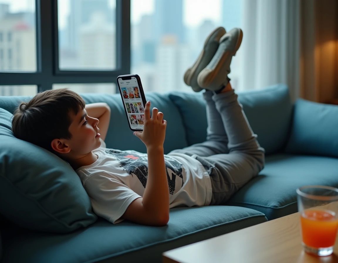 Adolescent allongé sur un canapé lisant des mangas sur smartphone dans un salon cosy avec vue sur la ville