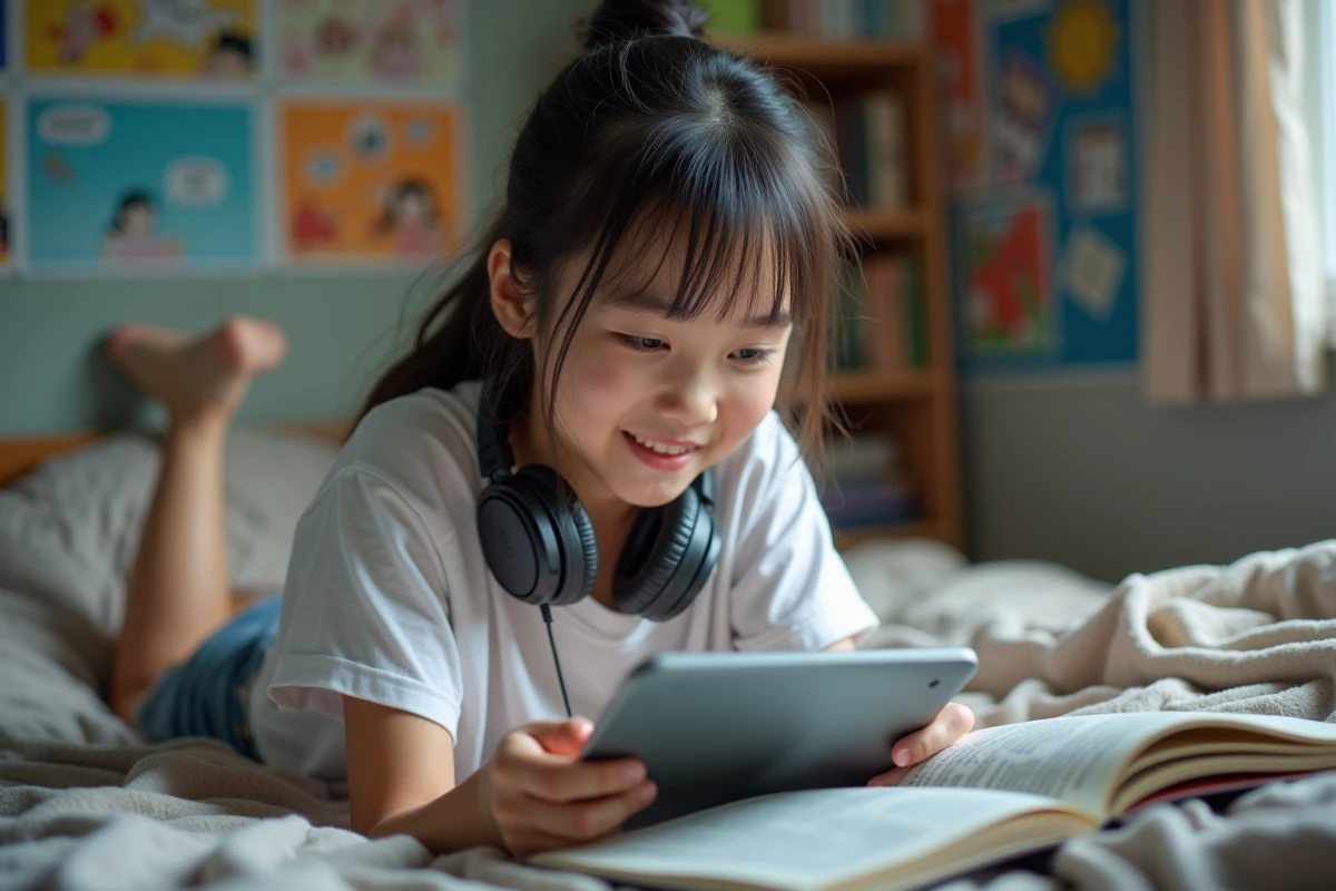 Adolescente lisant des scans manga sur une tablette dans sa chambre avec des posters d'animés au mur