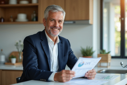 Agent immobilier souriant avec DPE dans une cuisine moderne