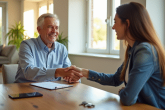 Agent immobilier souriant avec propriétaire dans salon lumineux