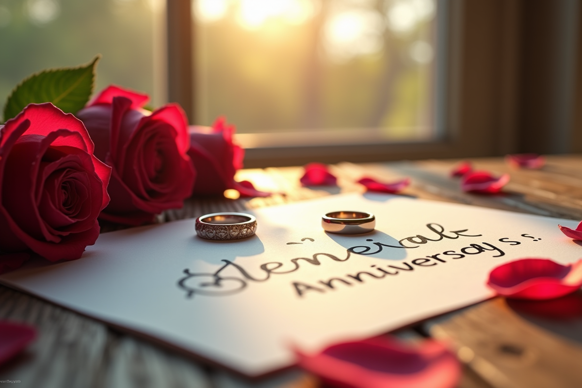 Alliances et carte d anniversaire sur table en bois rustique