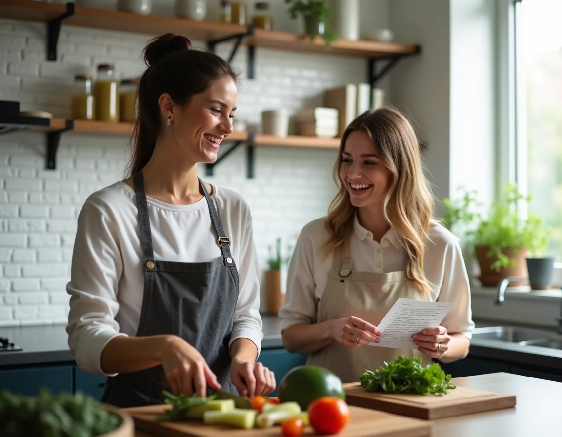 Deux amies qui cuisinent ensemble en riant dans une cuisine moderne, passant une belle journée