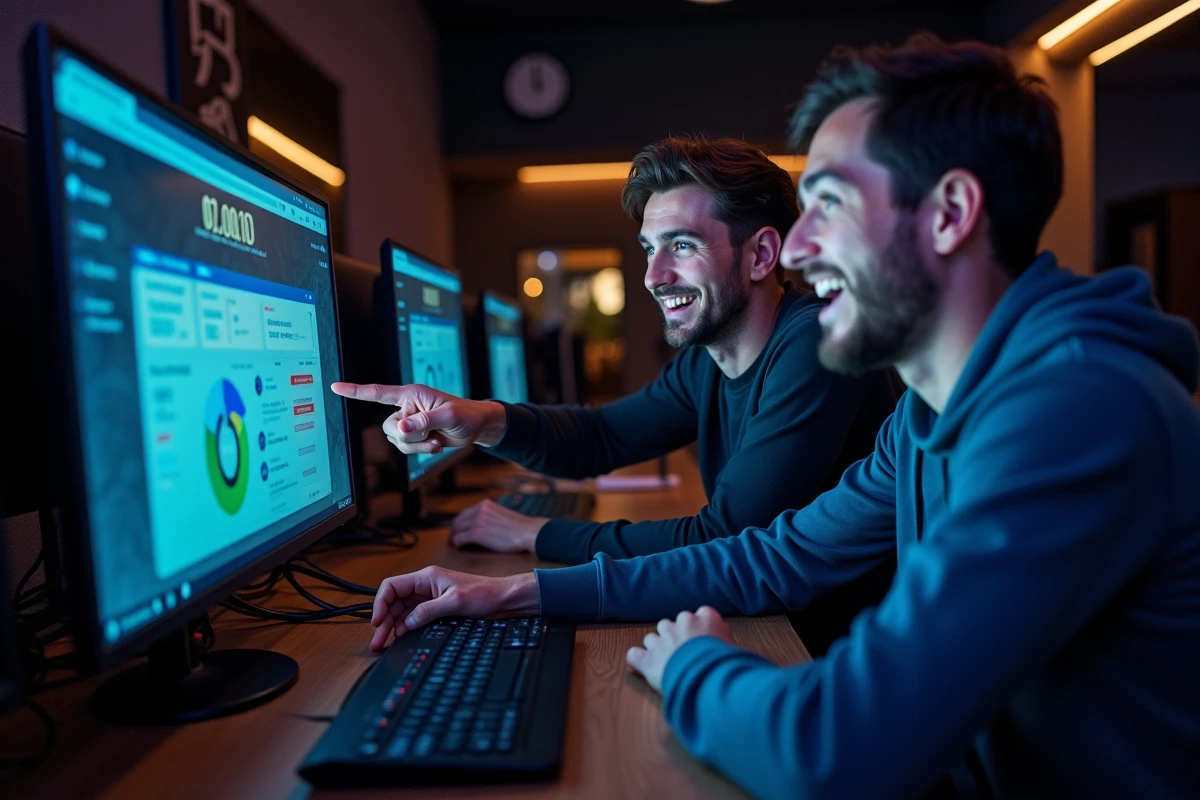 Deux amis gamers découvrant leur temps de jeu total accumulé sur League of Legends avec une expression de surprise amusée