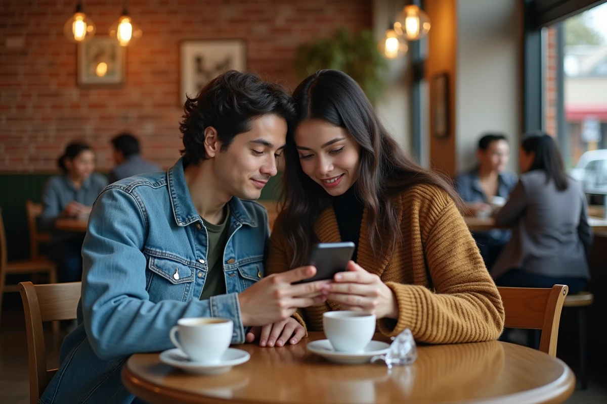 Deux amis partageant un smartphone pour lire un scan One Piece ensemble dans un café urbain