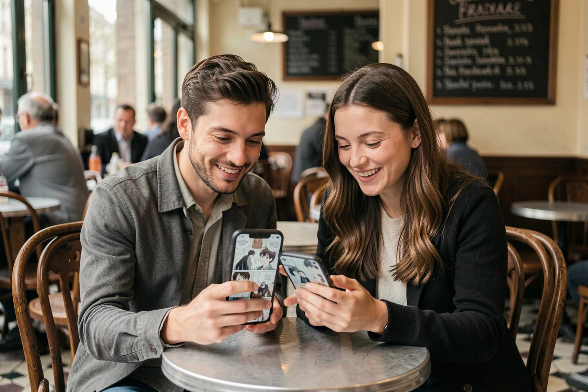 Deux amis partageant la lecture de scans manga VF sur smartphone dans un café parisien