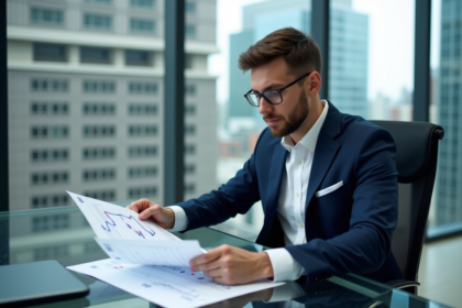 Analyste financier en costume bleu examine des graphiques