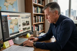 Analyste géopolitique lisant des sources militaires en ligne sur un ordinateur de bureau dans un bureau à domicile