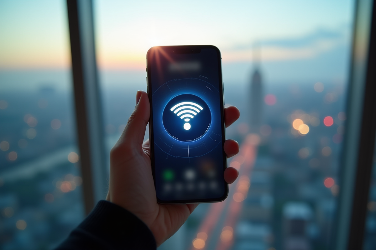 Smartphone avec l application NordVPN et connexion wifi forte