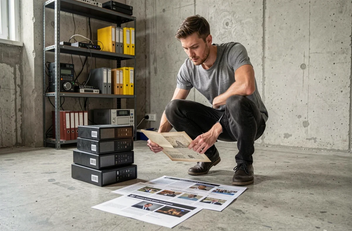 Jeune homme archivant des données numériques issues de vieux blogs sur disques durs et impressions papier dans un appartement urbain minimaliste