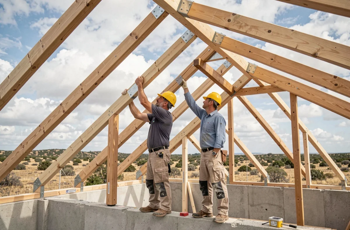 Ouvriers inspectant la charpente en bois d'une toiture en rénovation dans l'Hérault