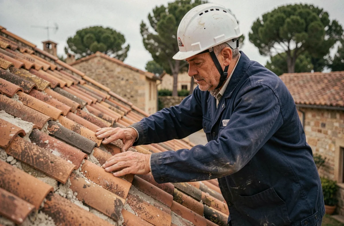 Artisan couvreur spécialiste en pose de tuiles sur une toiture résidentielle à Montpellier