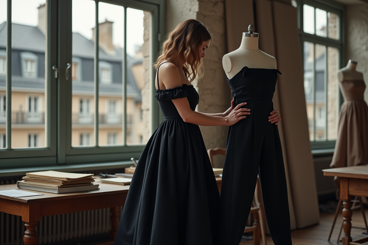 Jeune créatrice ajustant une robe noire dans un atelier parisien