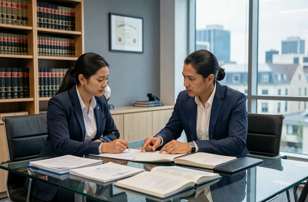 Femme consultant un avocat spécialisé en droit de la nationalité française dans un cabinet juridique moderne