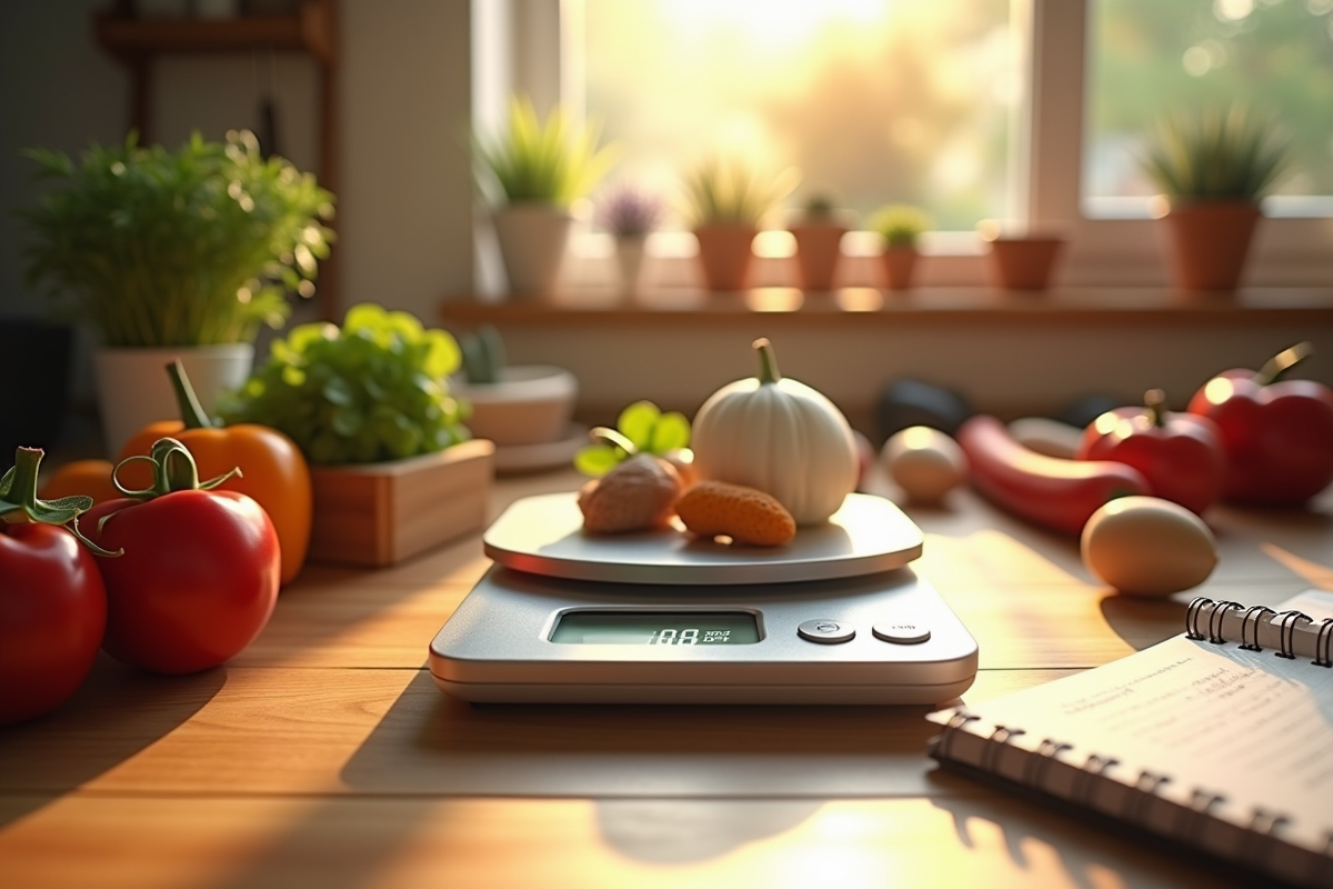 Balance de cuisine avec ingrédients et carnet de recette