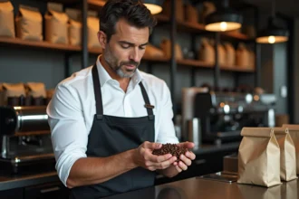 Barista homme examinant des grains de café torréfiés dans un café moderne