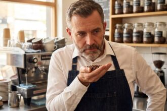 Barista homme examinant des grains de café en café