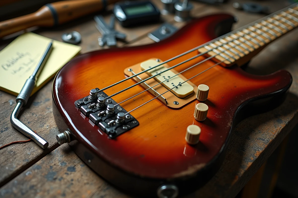 Gros plan d'une basse de précision vintage posée sur un établi de luthier avec outils de réglage et notes manuscrites de fréquences de basse