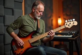 Bassiste masculin concentré jouant d'une basse vintage dans un studio d'enregistrement professionnel avec console de mixage visible en arrière-plan