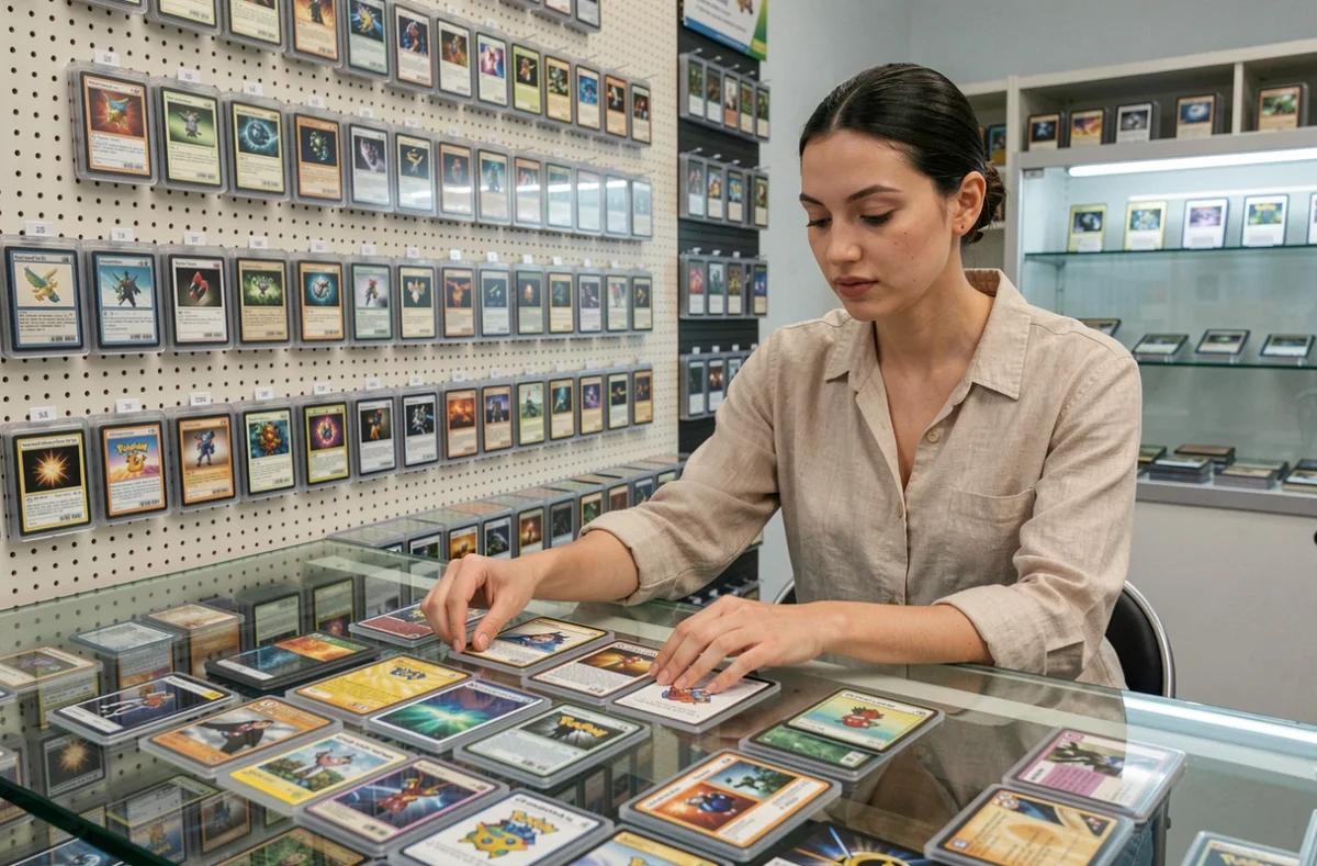 Femme triant des cartes Pokémon sur une table dans une boutique spécialisée en collections