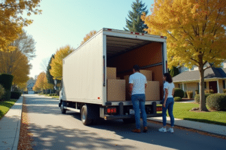 Camion de déménagement de 6m3 avec deux personnes chargeant des cartons