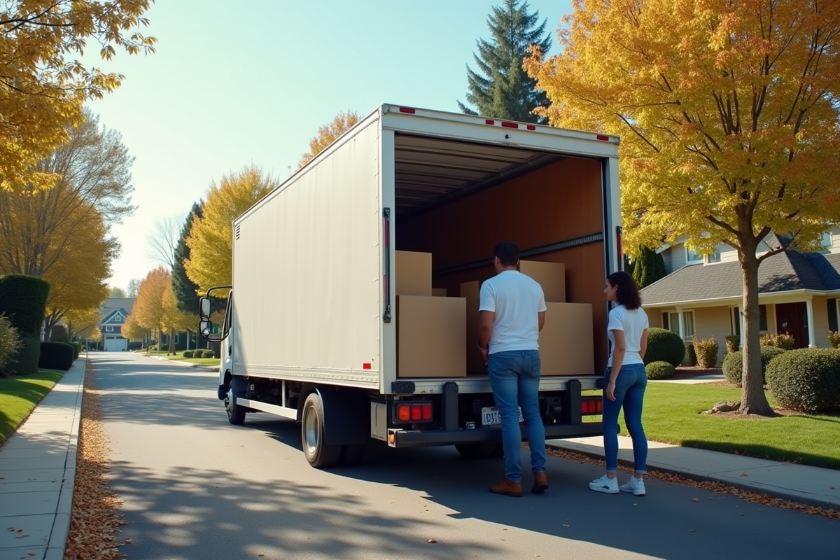 Camion de déménagement de 6m3 avec deux personnes chargeant des cartons
