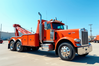 Camion de dépannage lourd d'occasion en extérieur avec ciel bleu
