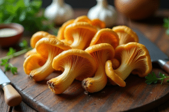 Champignons chanterelle fraîchement récoltés sur une table en bois