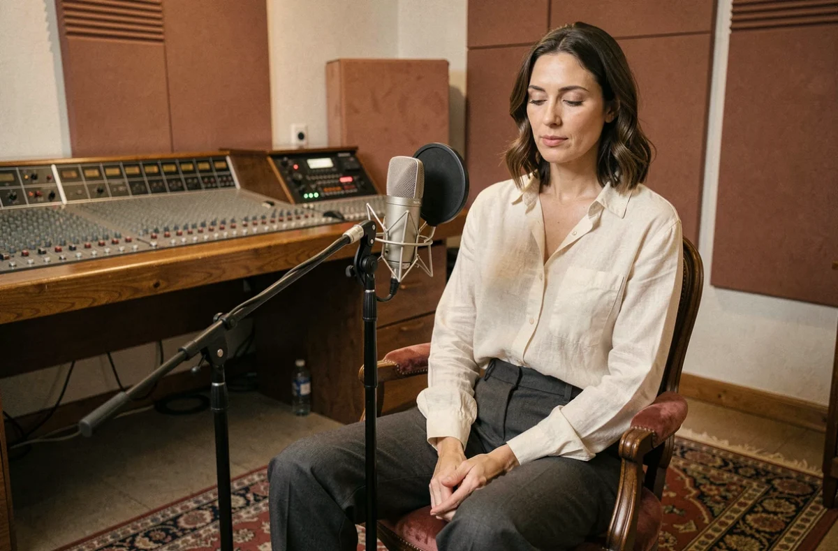 Chanteuse française en studio d'enregistrement exprimant une émotion intense devant un microphone professionnel