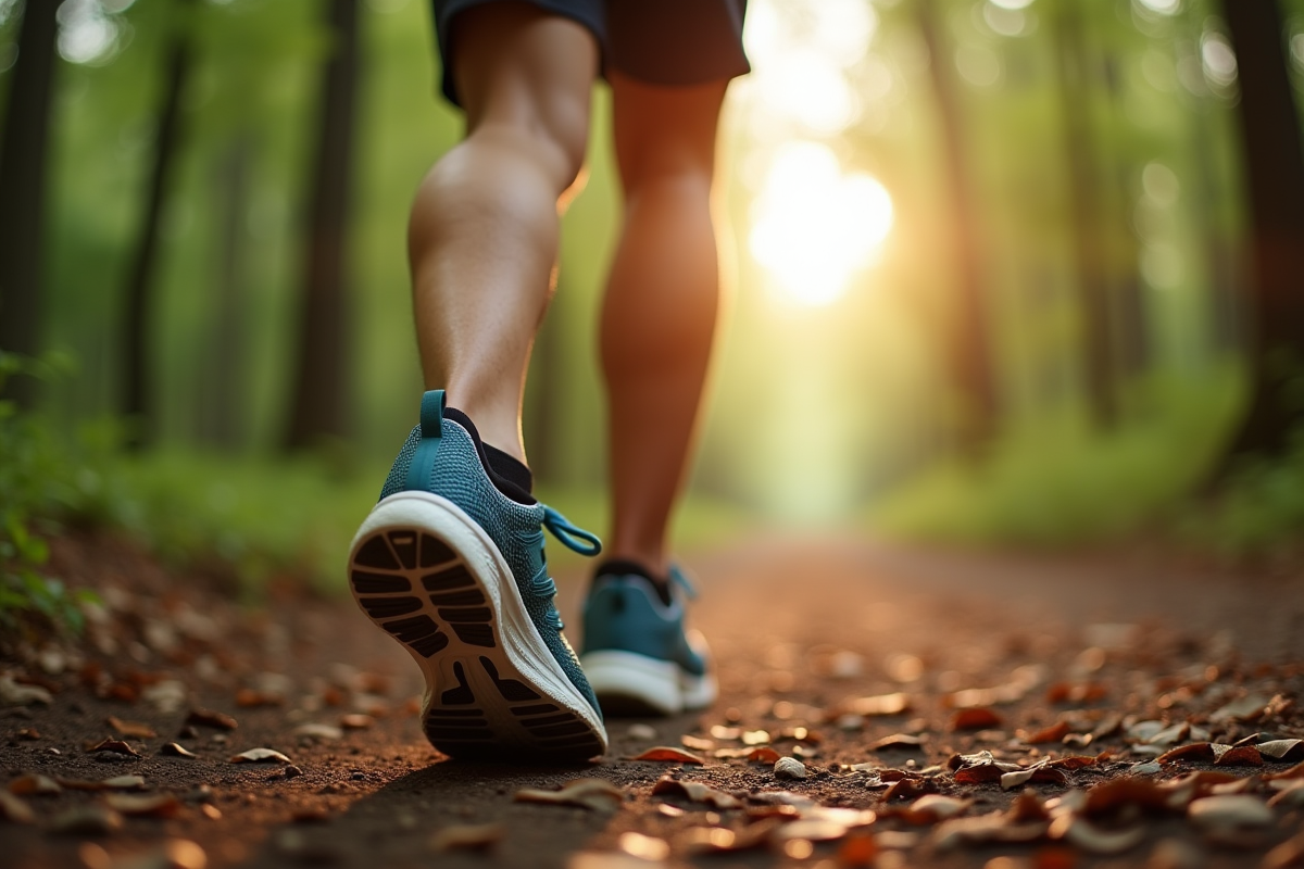 Chaussures de sport en mouvement sur un sentier forestier ensoleille