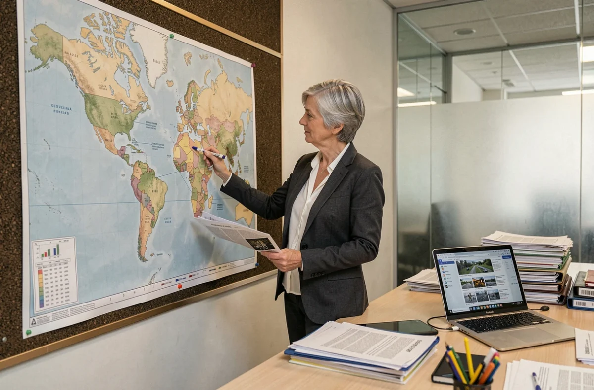 Chercheuse en géopolitique annotant une carte du monde dans un bureau institutionnel spécialisé en veille militaire