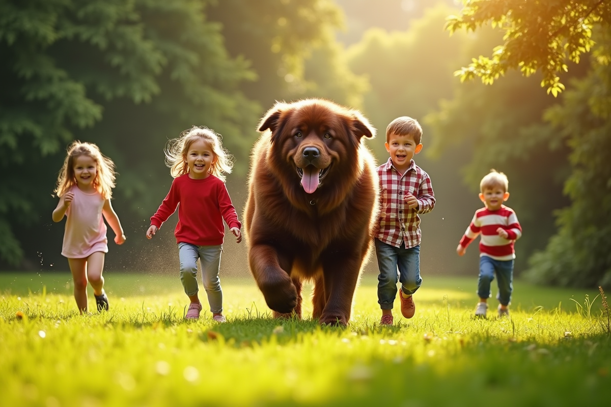 Grand chien Newfoundland jouant avec des enfants dans un jardin ensoleille