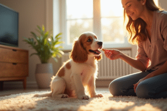 Jeune chiot cocker spaniel assis dans un salon lumineux
