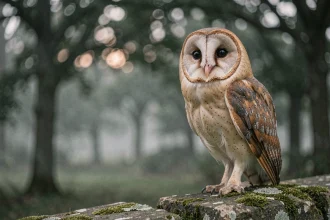 Chouette effraie perchée sur un vieux mur de pierre moussu dans une forêt brumeuse, symbolisme de la chouette dans la culture et la mythologie