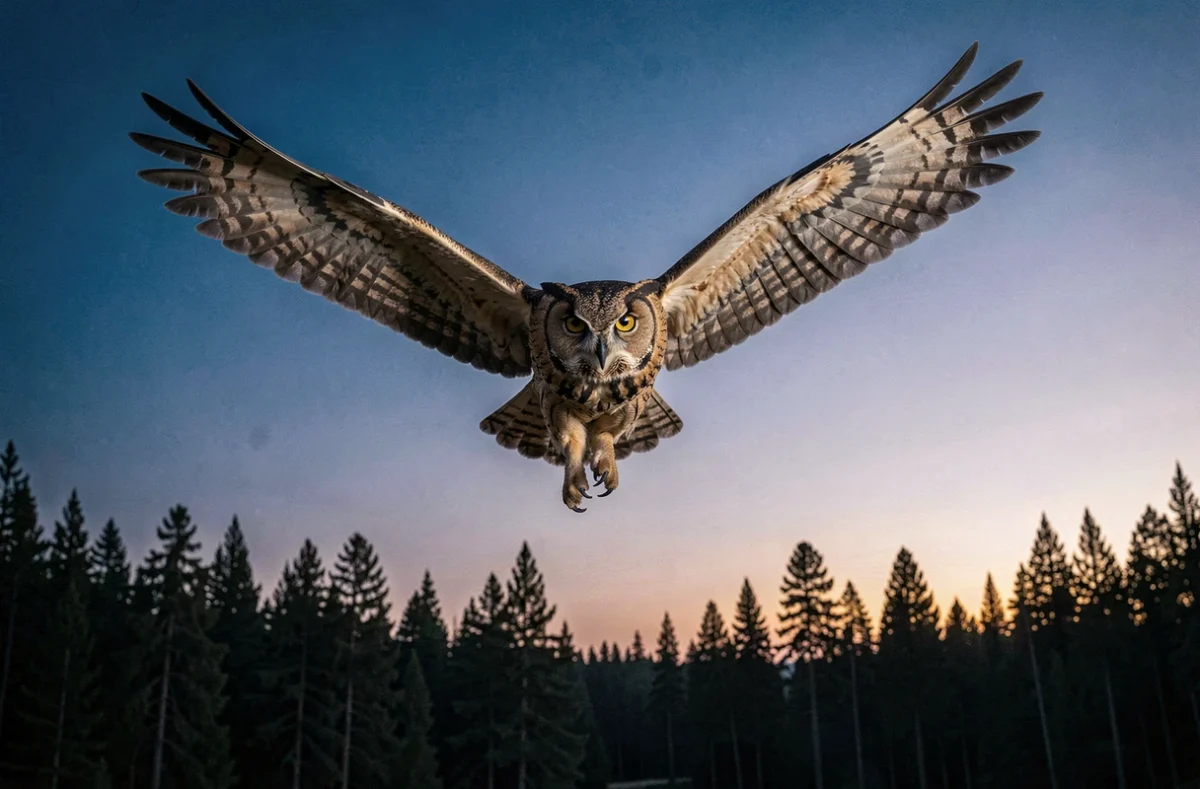 Grand duc d'Amérique en plein vol au crépuscule au-dessus d'une forêt de pins, puissance et mystère du symbolisme de la chouette dans la nature