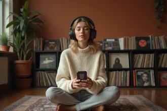 Jeune femme avec casque vintage et smartphone affichant une citation musicale sur Instagram, entourée de vinyles sur un parquet en bois