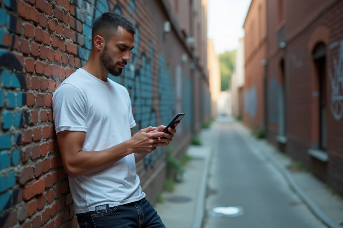 Homme appuyé contre un mur de briques en ville tenant son smartphone avec une citation musicale sur Instagram