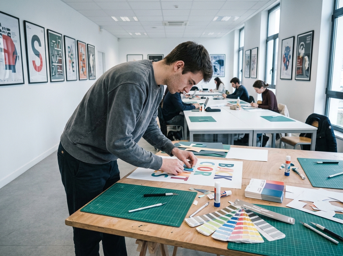 Étudiant en classe préparatoire arts appliqués assemblant une composition typographique en papier découpé sur une table de travail professionnelle