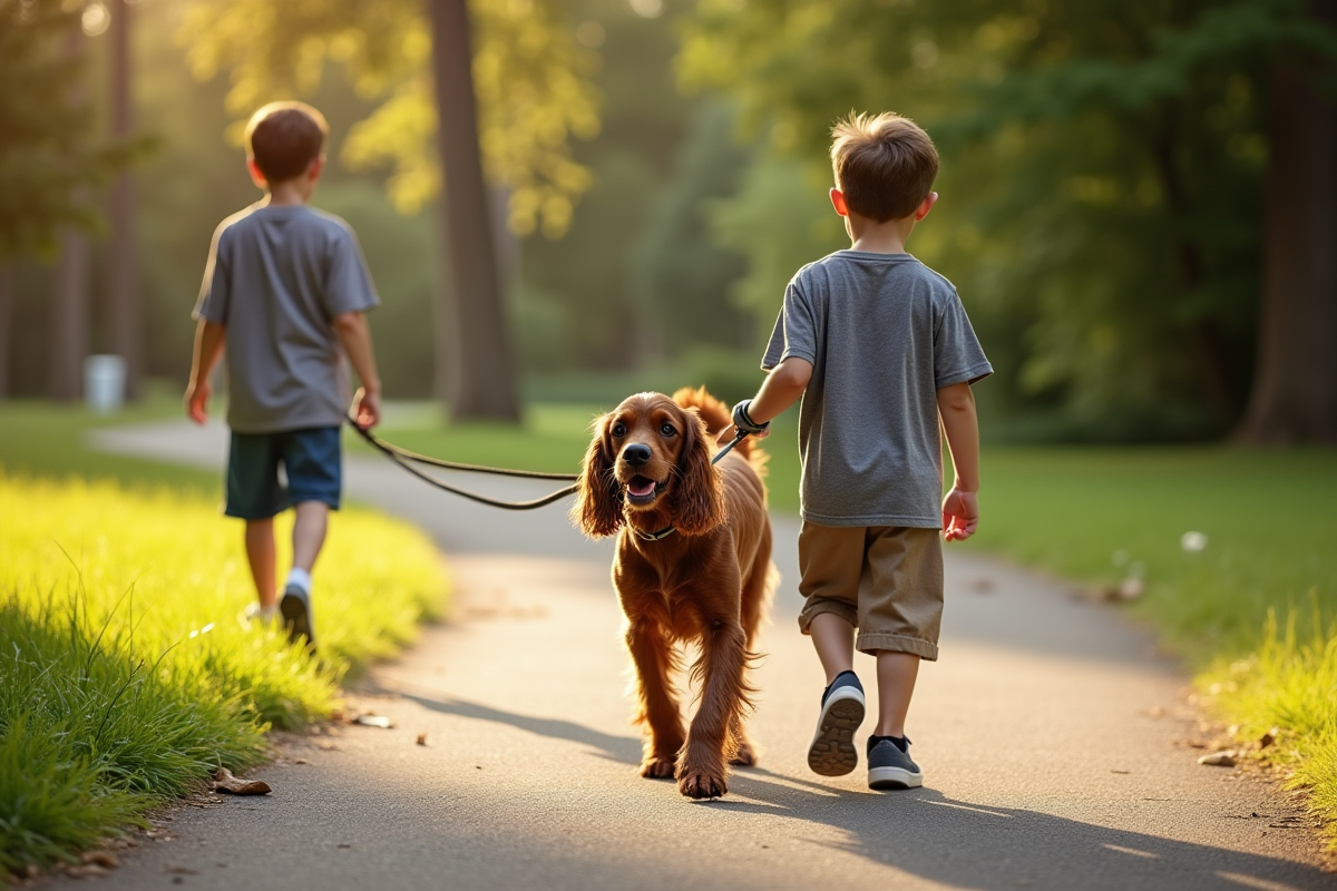 Cocker spaniel adulte marchant avec un garçon dans un parc ensoleille