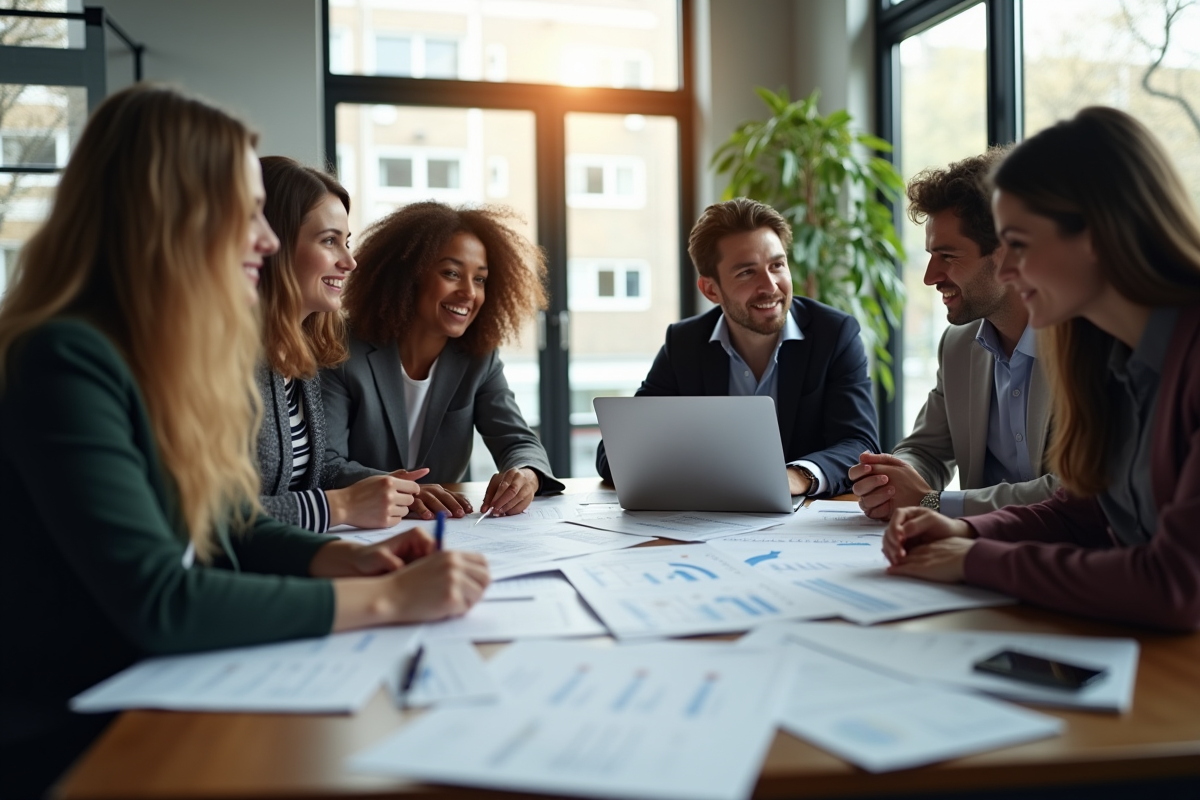Groupe de collègues collaborant autour de documents excel en espace moderne