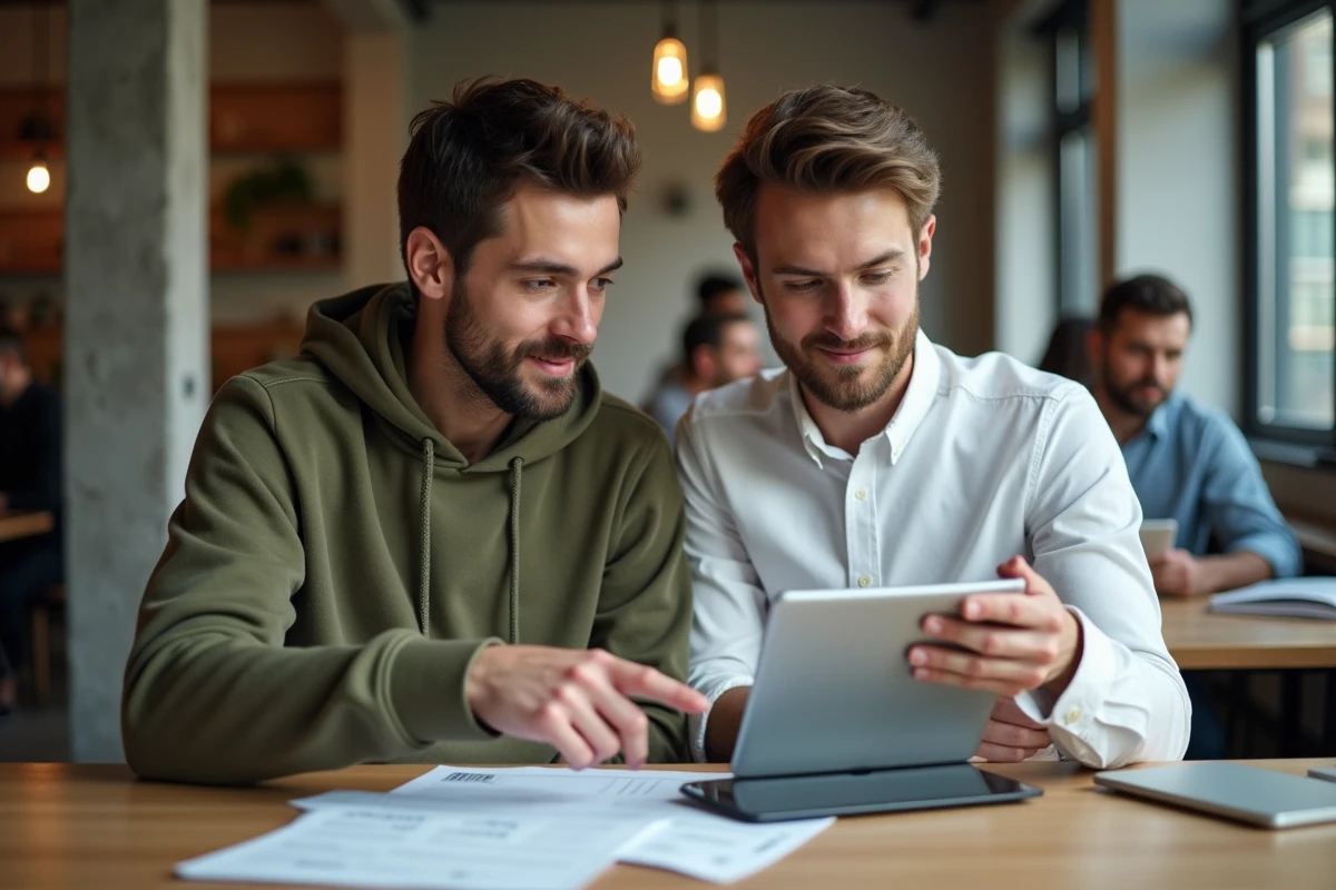 Deux débutants collaborant sur un guide Epsilon Scan avec un rapport imprimé et une tablette dans un espace de coworking