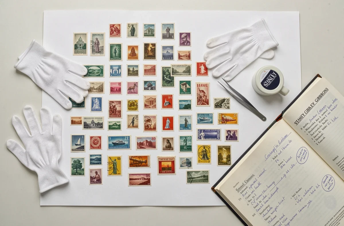 Collection de timbres anciens étalée pour expertise avec pince, gants blancs et catalogue philatélique ouvert