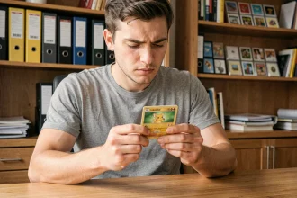 Collectionneur adulte examinant attentivement la valeur d'une carte Pokémon à son bureau