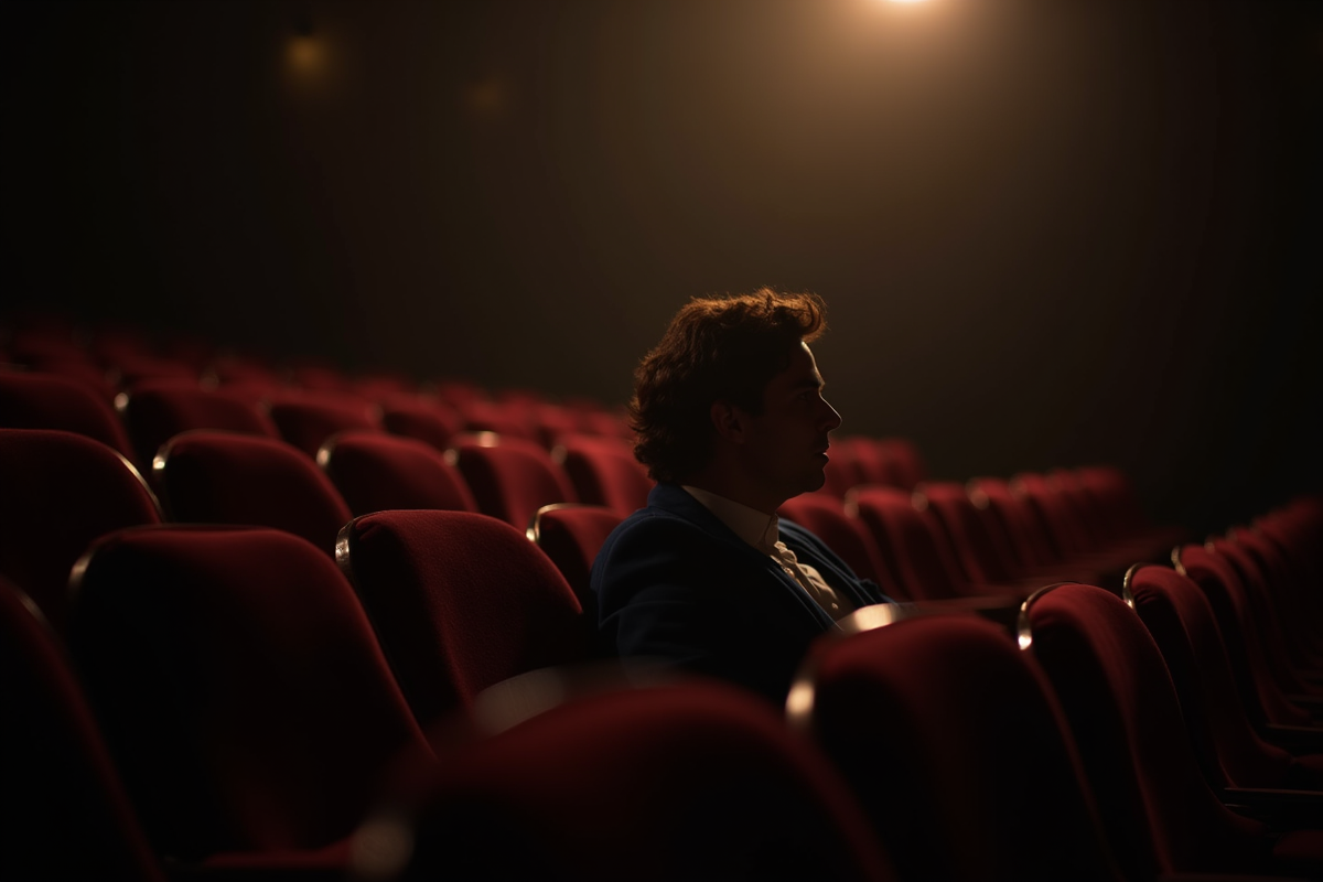Comédien contemplatif seul dans un théâtre aux sièges vides