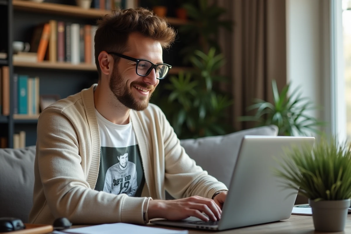 Jeune comedien français travaillant sur son ordinateur