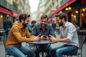 Groupe de comediens français riant en extérieur à Paris