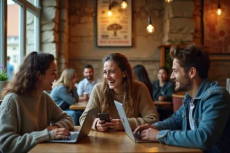 Groupe de jeunes adultes discutant dans un café français autour d'ordinateurs portables, illustrant les échanges en ligne sur des plateformes francophones alternatives