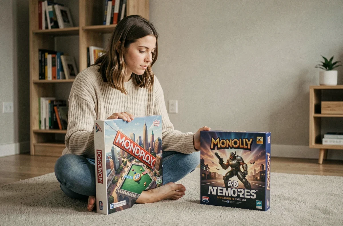 Jeune femme comparant deux éditions de jeux de société de type Monopoly posées sur un tapis dans un appartement moderne